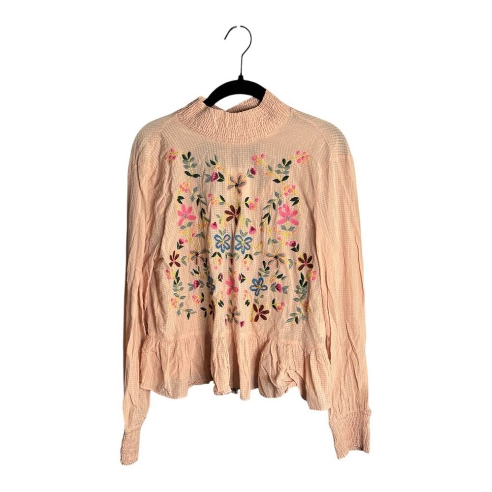 Zara Pink Long Sleeve High Neck Open Back Blouse Floral Embroidery XS